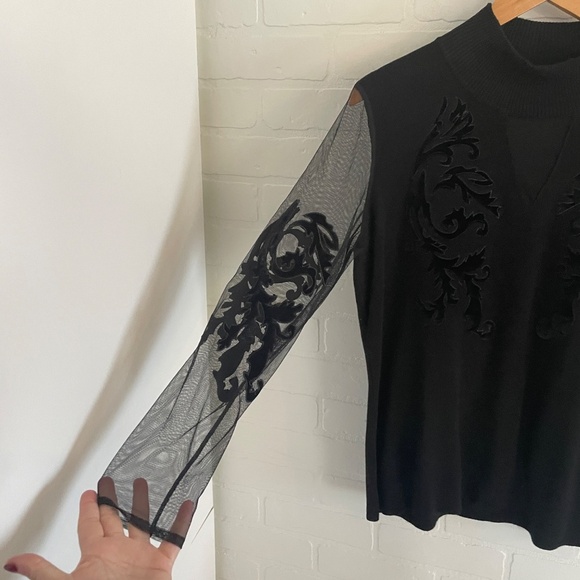 Vintage Y2K Knit Sweater Sheer mesh Burnout Velvet sleeve Damask Goth Black L - Picture 4 of 15